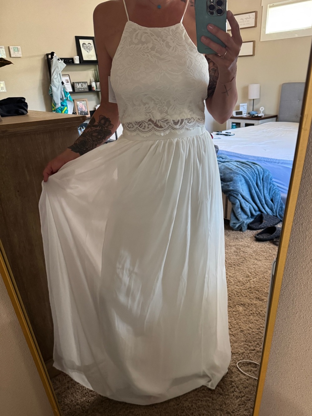 Lulu's White Lace Halter-Neck Chiffon Maxi Dress